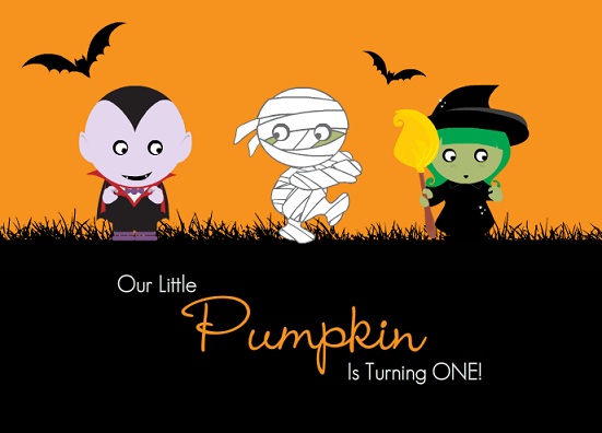 monster kids orange and black vampire mummy witch pumpkin halloween birthday invitation